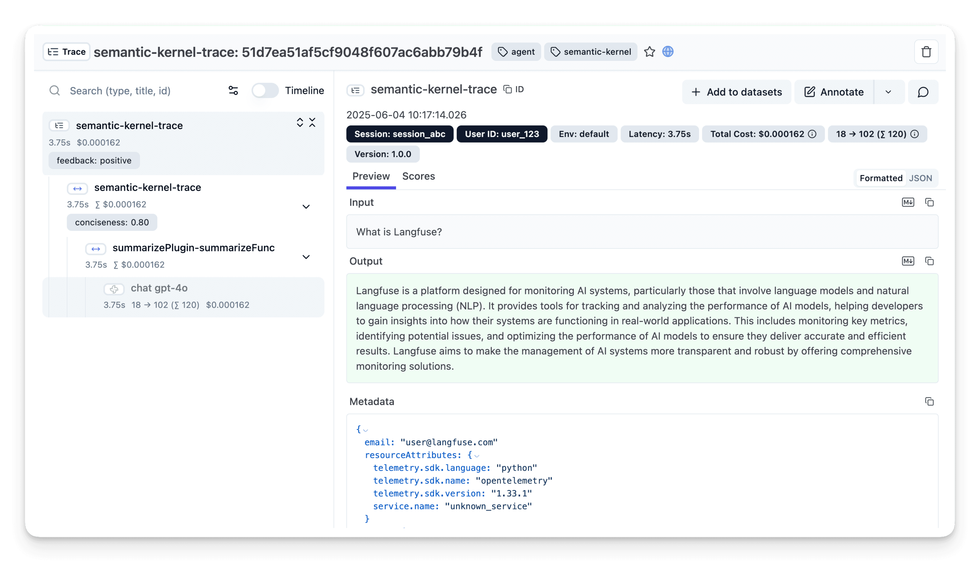 Semantic Kernel trace visualization in Langfuse